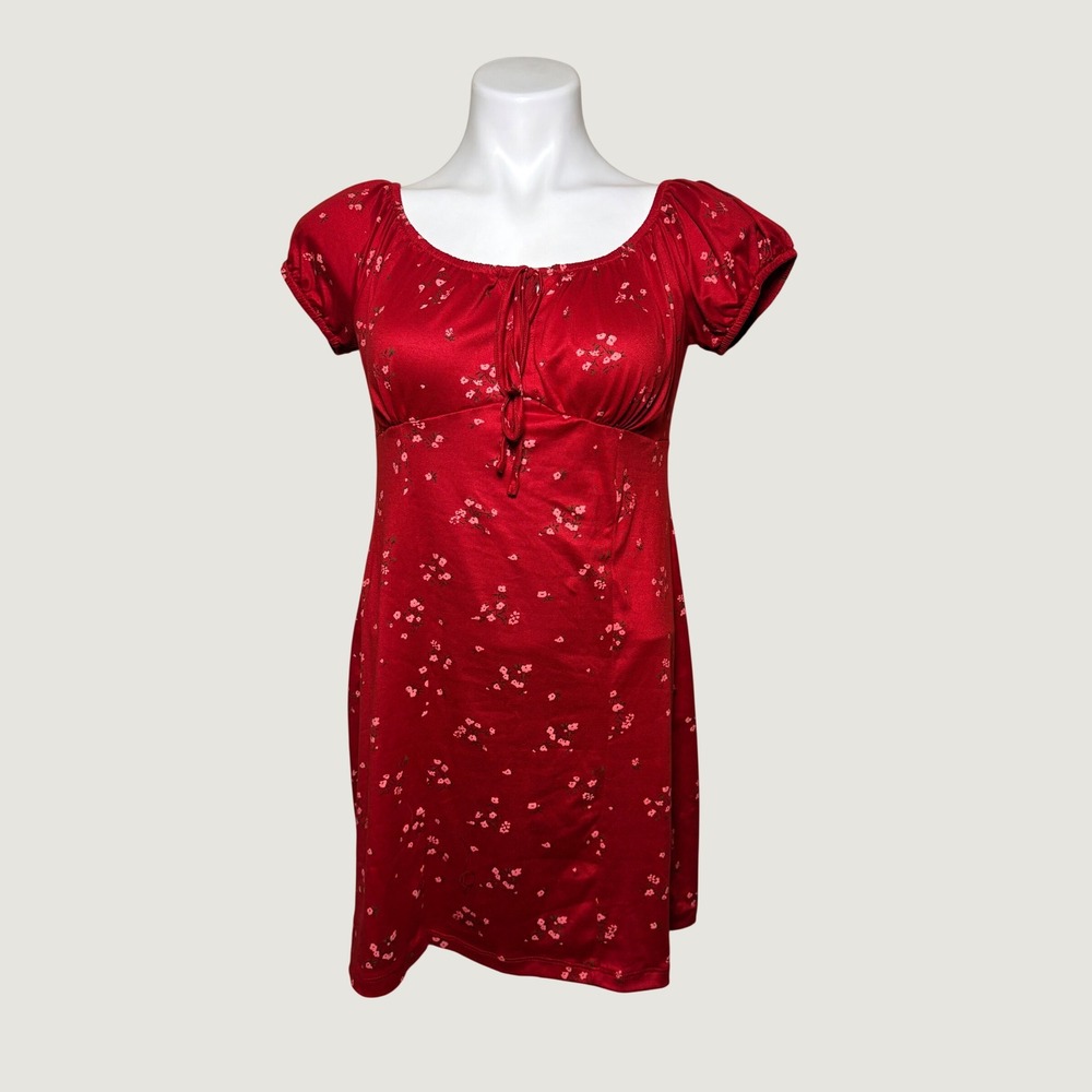 Vertiche Red Floral Mini Dress Short Puff Sleeve Tie Front Cottagecore #15
